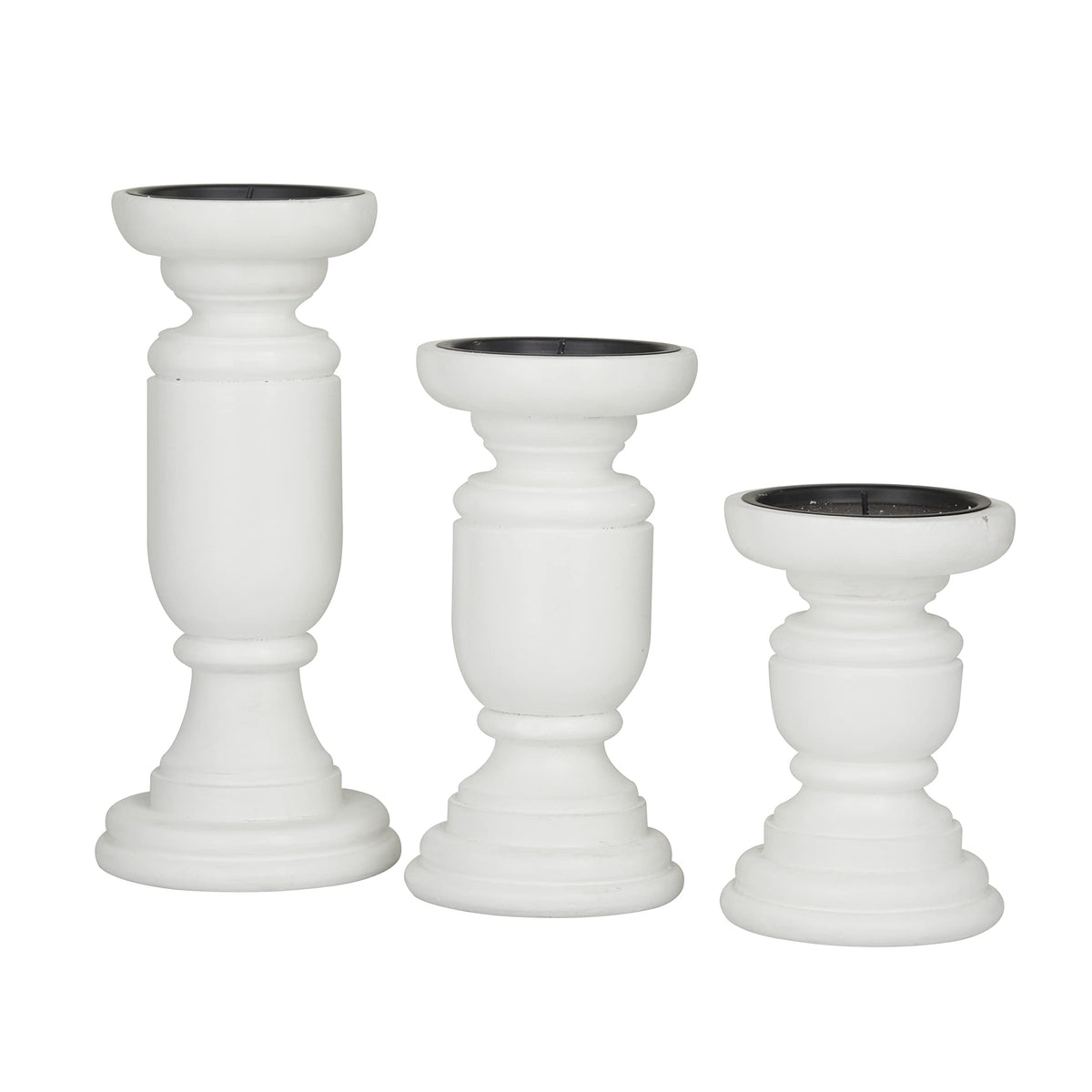 Deco 79 Mango Wood Turned Style Pillar Candle Holder, Set of 3 10", 8", 6"H, White