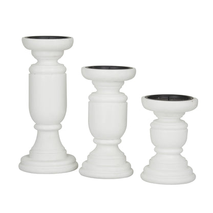 Deco 79 Mango Wood Turned Style Pillar Candle Holder, Set of 3 10", 8", 6"H, White