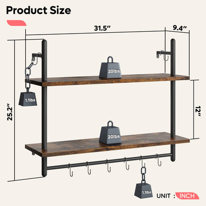 Bestier Floating Pipe Shelving Kitchen Shelves, 31" Wall Mounted Shelf 2 Tier & 3 Tier Bundle, Rustic Brown