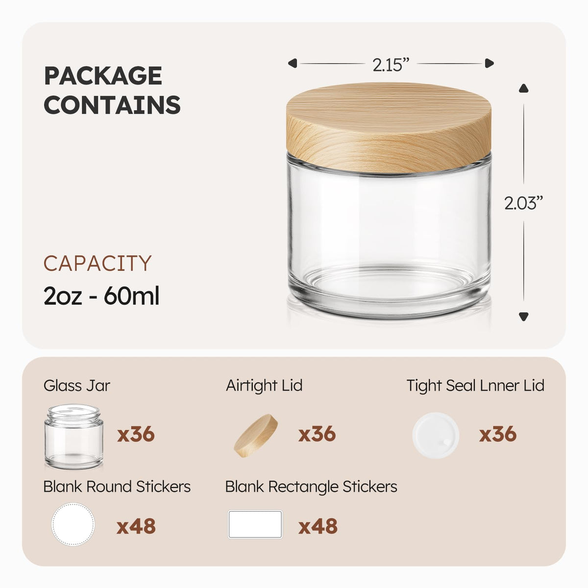 2 oz Glass Jars with Lids, 36 Pack Clear Small Glass Jars with Woodgrain Lids Leakproof Round Airtight Empty Cosmetic Travel Containers with Inner Liners for Lotions Powders and Candle Making