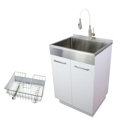Transolid TCAB-2420-WSW 24-in All-in-One Laundry Cabinet Sink, Stainless Steel High Arc Faucet, and Basket in White