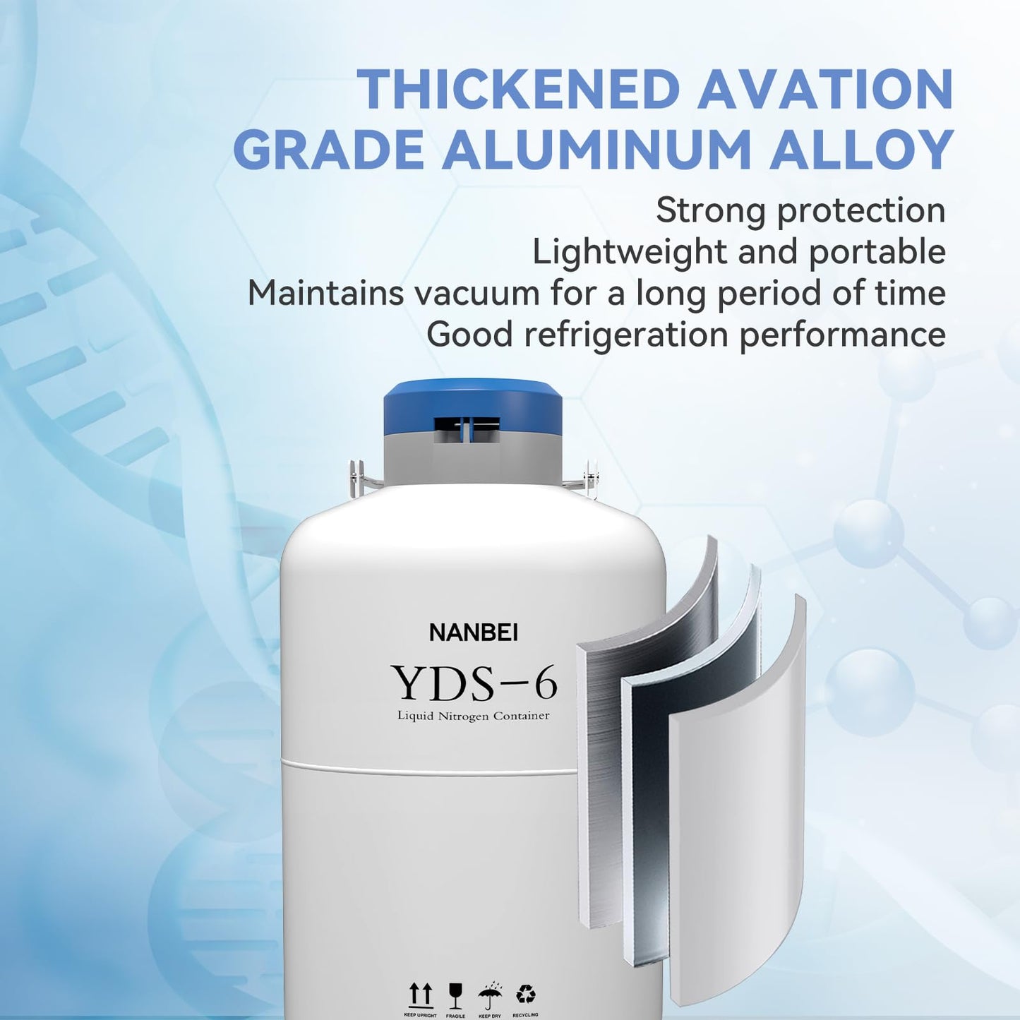 NANBEI 6L Liquid Nitrogen Tank Cryogenic Container Aluminum Alloy Liquid Nitrogen Dewar Static Cryogenic，Liquid nitrogen dewar with Straps,for Beauty Industry, Semen Preservation, Scientific