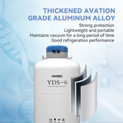 NANBEI 6L Liquid Nitrogen Tank Cryogenic Container Aluminum Alloy Liquid Nitrogen Dewar Static Cryogenic，Liquid nitrogen dewar with Straps,for Beauty Industry, Semen Preservation, Scientific