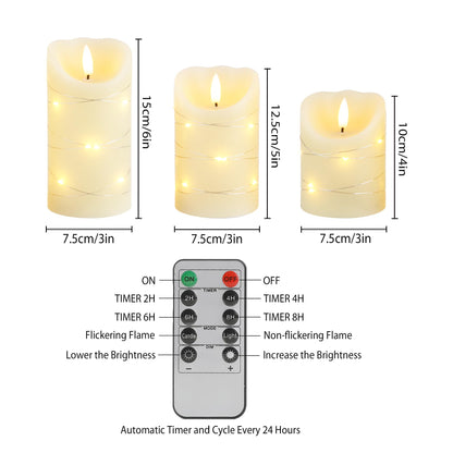 JHY DESIGN Flickering Flameless Candles Real Wax Electric with Embedded String Lights, Battery Operated Pillar LED Candles for Gift, Christmas & Home Decorations, with Remote & Timer, Set of 3(Ivory)