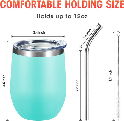 COMOOO Wine Tumbler 12oz Insulated Wine Cup Set of 4 with Lid and Straw Stainless Steel Wine Glass Tumbler Stemless for Hot and Cold Drinks, Champagne, Cocktails (Blue, 4 Pack)