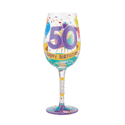 Enesco Designs by Lolita Happy 50th Birthday Hand-Painted Artisan Wine Glass, 15 Ounce, Multicolor