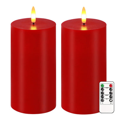 VEEKI Red Flameless Candles, Set of 2 7"x3" Flickering LED Candles with Remote & Timer, Dimmable Real Wax Electric Pillar Candles Battery Operated, Candles Light for Home Christmas Decor (Red)