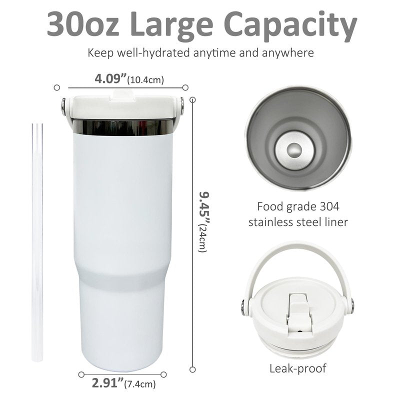 30 oz Tumbler with Handle, Double Wall Vacuum Insulated Tumblers with Flip Straw, Coffee Mug 30oz Powder Coated Cup for Hot and Cold Drinks(Black Plated, White,4 pack)