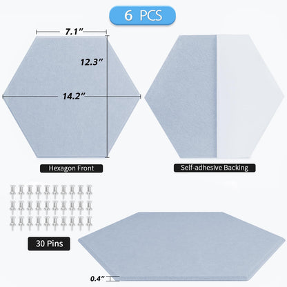 BXI Large Hexagon Felt Bulletin Board - 14.2 X 12.3 X 0.4 Inches 6 Pcs Self-Adhesive Poster Cork Board with 30 Push Pins, Pin Tiles Display Vision Board, Photo Picture Panels for Home Office Classroom