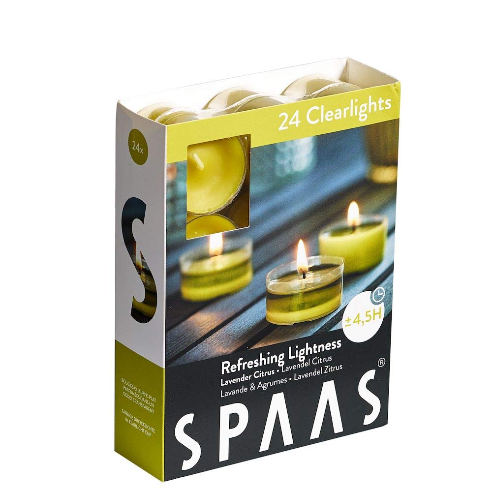 Spaas 24 Scented Clearlights, Tealights in Transparent Clear Cup, ± 4.5 Hours, Refreshing Lightness
