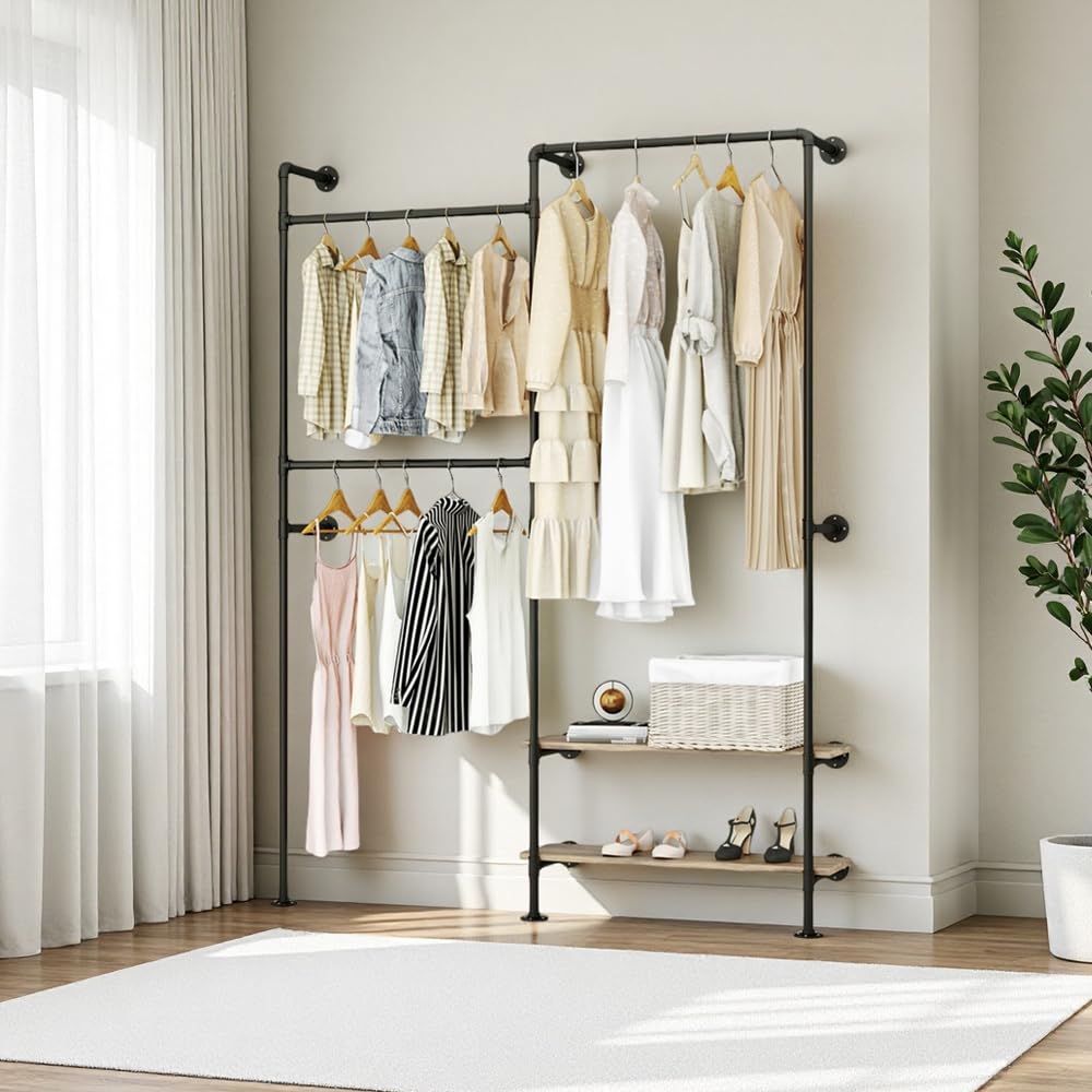 KaKaBB Industrial Pipe Wall-Mounted Clothing Rack with Double Hanging Rods & Shelves - Heavy Duty Storage for Wardrobe, Bedroom, Walk-In Closet (Black)