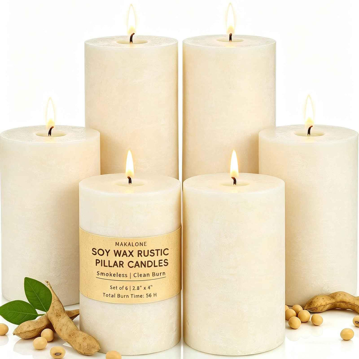 6 Pack Soy White Pillar Candles,Natural Soybean Pillar Candles,330 H Long Burning,2.8x4in Non-Toxic,Unscented,Dripless and Smokeless Rustic Hand-Poured Candles Dinner Table,for Wedding,Home