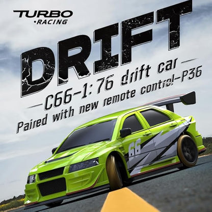 Turbo Racing 1:76 Scale RC Drift Car Table Racing 2.4GHZ Remote Control Mini Model Car with Gyro Full Proportional RTR for Adults Toys (C66-Green)