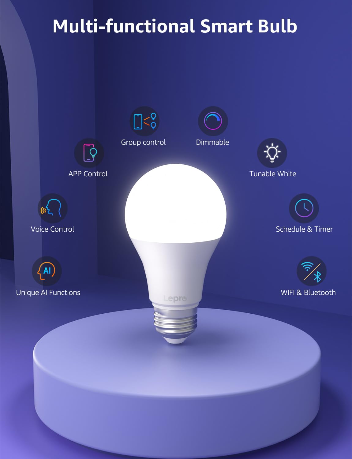 Lepro B1 AI Smart Light Bulbs - WiFi & Bluetooth RGBWW Color Changing LED Bulb Compatible with Alexa & Google Assistant, AI Generated Lighting LLM, AI Voice Control, Music Sync, 2.4GHz Only, 2 Pack