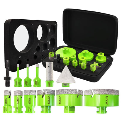 FACHLICH Tile Hole Saw Kit - 12pcs Diamond Core Drill Bits Set 1/4" 5/16" 4/5" 1" 1-3/8" 2" 3" 4" with 4/5" Finger Bit 2" Beveling Chamfer Bit for Porcelain Ceramic Granite Marble