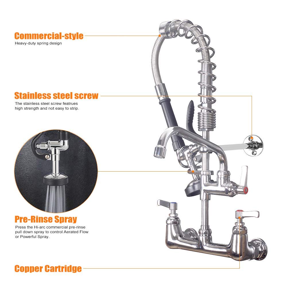 MSTJRY Commercial Faucet with Sprayer 20" Height, 8" Center with 8" Spout Commercial Wall Mount Kitchen Sink Faucet Pre Rinse Sprayer,for 1/2 Compartment Sink (Polished Chrome,Brass)