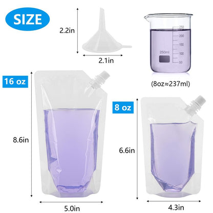 20 Pcs Plastic Flasks with Little Funnel, 8 Oz and 16 Oz Portable Leak-proof Juice Drink Pouches for Travel, Concerts, Camping