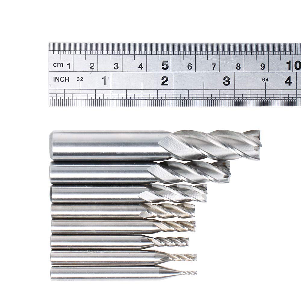 AUTOTOOLHOME 1/8" 3/16" 1/4" 5/16" 3/8" 1/2" high Speed Steel HSS 4 Flute Straight End Mill Cutter 5/32" 1/16" Set of 8