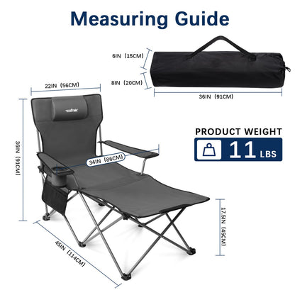 apollo walker Camping Chairs for Adults - 6 Legged Beach Chair with Foot Rest, Adjustable 90° - 135° Reclining Lounge Chair Outdoor, Folding Chairs for Outside with Detachable Pillow & Carry Bag Grey