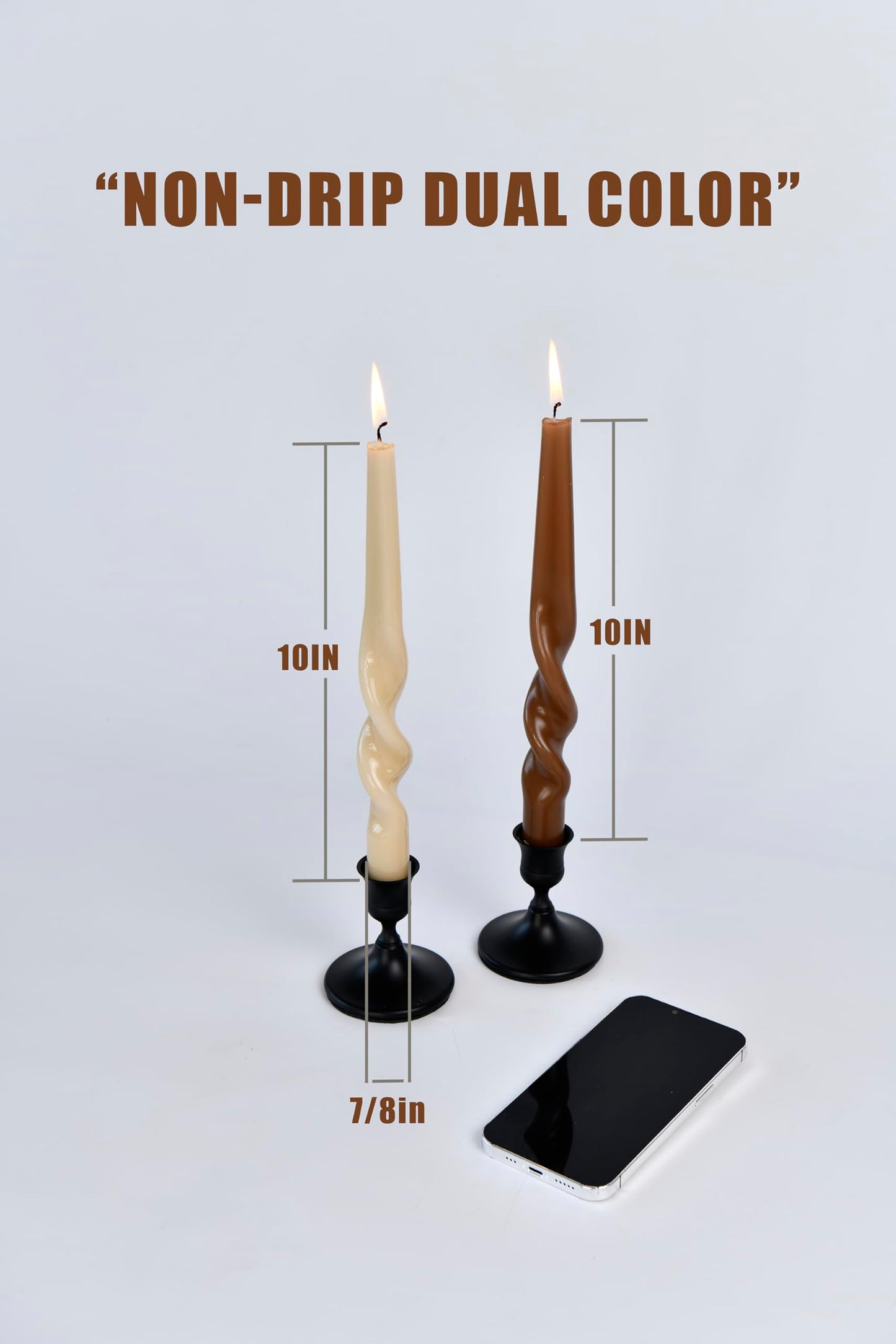 PAMELIFE Brown Two Tone Spiral Taper Candles - Set of 6 Twisted Taper Candlesticks 9.5 Inch Tall for Home Decoration Holiday Wedding Party(Brown)