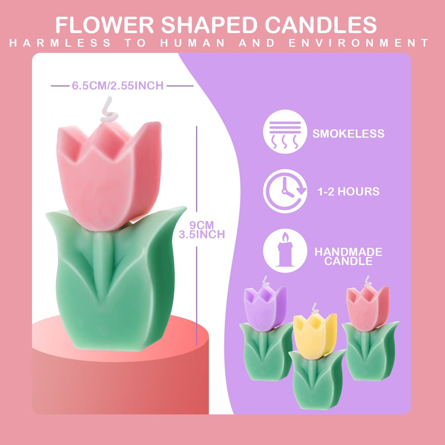 Ferraycle 3 Pcs Flower Tulip Shaped Candles Aesthetic Cute Paraffin Wax Decorative Candle for Gift Wedding Party Favors(Pink, Yellow, Purple)