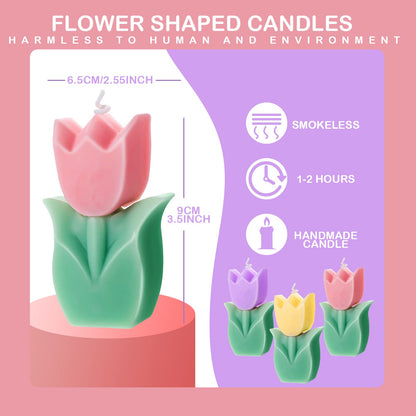 Ferraycle 3 Pcs Flower Tulip Shaped Candles Aesthetic Cute Paraffin Wax Decorative Candle for Gift Wedding Party Favors(Pink, Yellow, Purple)