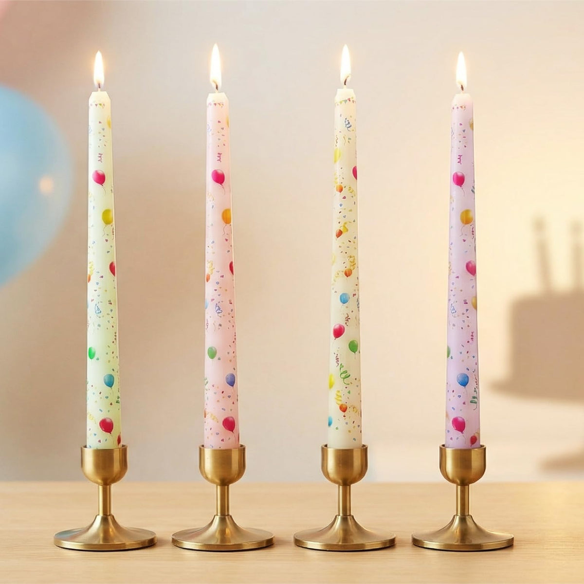 FYBW 10 Inch Decorative Taper Candles, 4 Pack Birthday Balloon Print Candlesticks, Unscented Dripless Candles with Long Burn Time for Party, Holiday Table & Home Decor