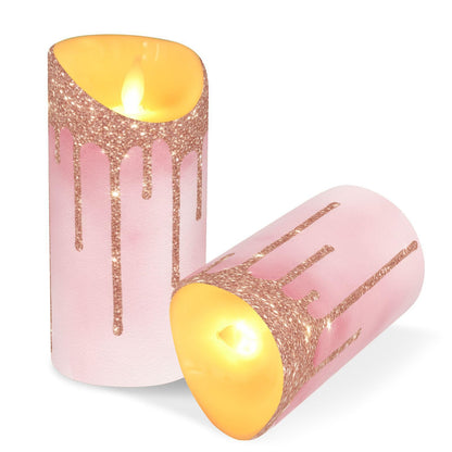 Flameless Candles Set of 2 Rose Gold Pink Glitter Drips Realistic LED Candles with Remote Battery Operated Holiday Decorations