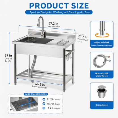 Garvee Gray Utility Sink 47" x 22" x 37", Freestanding Stainless Steel Single Bowl Laundry Sink with Pull Down Faucet, Large Workbench Top for Laundry Room, Garage, Mudroom, Modern Metallic Finish