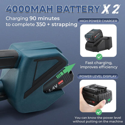 Flyrivergo Electric Strapping Machine 2 x 4000mAh Battery, Automatic Strapping Tool Banding Machine for 1/2-5/8in PP PET Straps Digital Display Tensioner Kit for Warehouse Pallet & Box Packaging