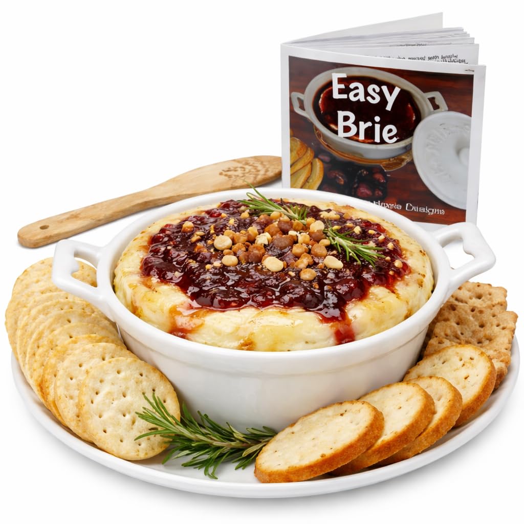 Christina Home Designs White Ceramic Brie Baker with Lid – Oven-Safe Baked Brie Dish + Brie Recipe Cookbook – Hostess Gift for Charcuterie, Holiday Parties & Everyday Entertaining
