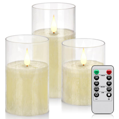 Flameless Flickering Remote Control Candle, Glass Pillar Candle,3 Pack (D:3"×H:4" 5" 6") LED 3D Flame Romantic Candle,Battery Operated Real Wax, Ideal for Wedding, Home Decor Holiday (Ivory)