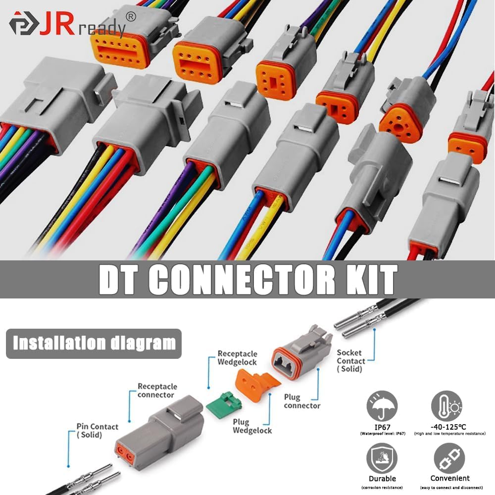 JRready ST6308 Deutsch Connector Kit, Waterproof DT Connector 2 3 4 6 8 12 Pin, Size 16 Solid Contacts, DT2 Crimper Equivalent to Deutsch Crimp Tool HDT-48-00, 12-22AWG, 417PCS