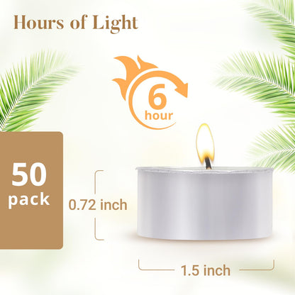 Unscented Tea Lights Candles 50 Pack,6 Hours Long Burning White Tea Candles Bulk,Non-Paraffin, Clean Burn, Smokeless, Palm Tealight Candles for Wedding,Centerpiece,Christmas Lights,Home Decor