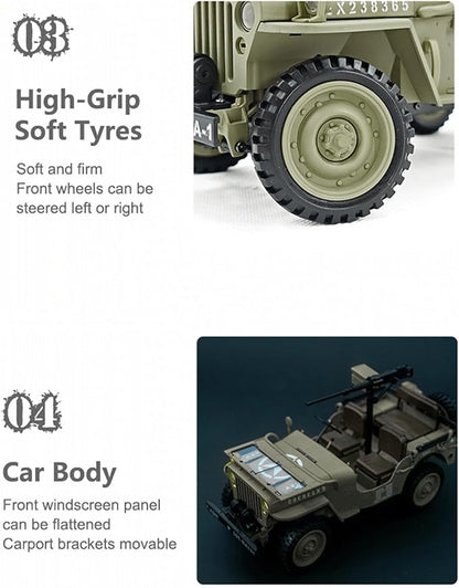 RC Crawler 1:14 Scale Willys Military Jeep 2.4Ghz 4WD Off Road Rock Crawler with 45° Climb Alloy Chassis/Drivetrain Dual-Speed Transmission Functional Winch LED for Adult (Green)