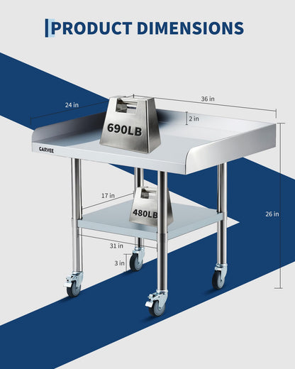 24 x 36 x 26 Inch Stainless Steel Work Table with Wheels, 3-Sided Backsplash and Adjustable Undershelf, Heavy Duty Commercial Prep Worktable for Kitchen, Restaurant, Garage