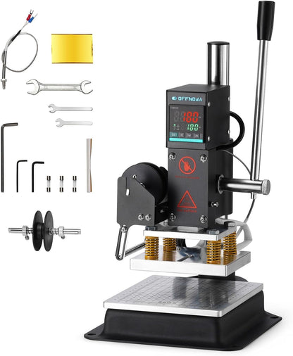 OFFNOVA Hot Foil Stamping Machine 10x13cm with U-Slot & Movable Table, 110V Digital Embossing Machine Manual Tipper Stamper for PVC Wood PU Leather Logo