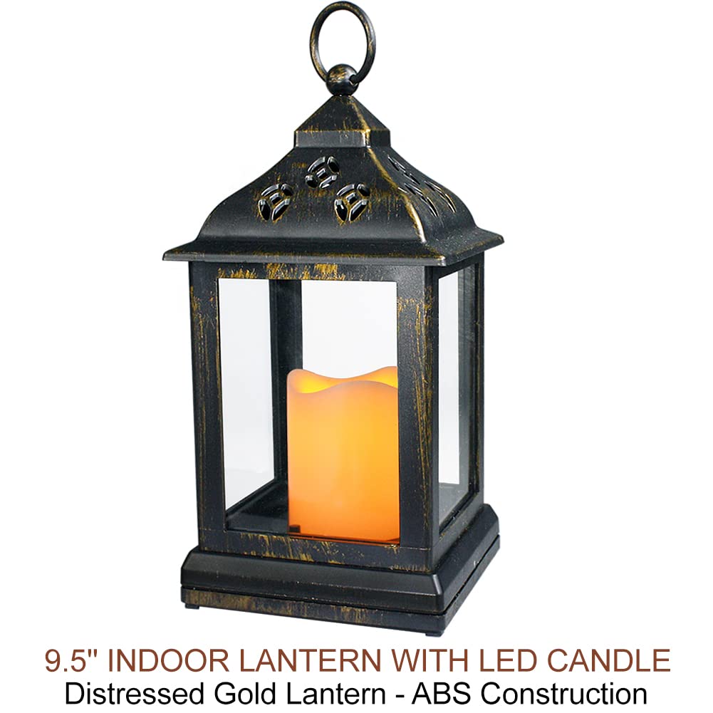 Bright Zeal 2-Pack 9.5" Distressed Bronzes Indoor Candle Lantern with LED Flameless Candle - Battery Operated Lanterns Indoor Decorative Lanterns with Timer Candles