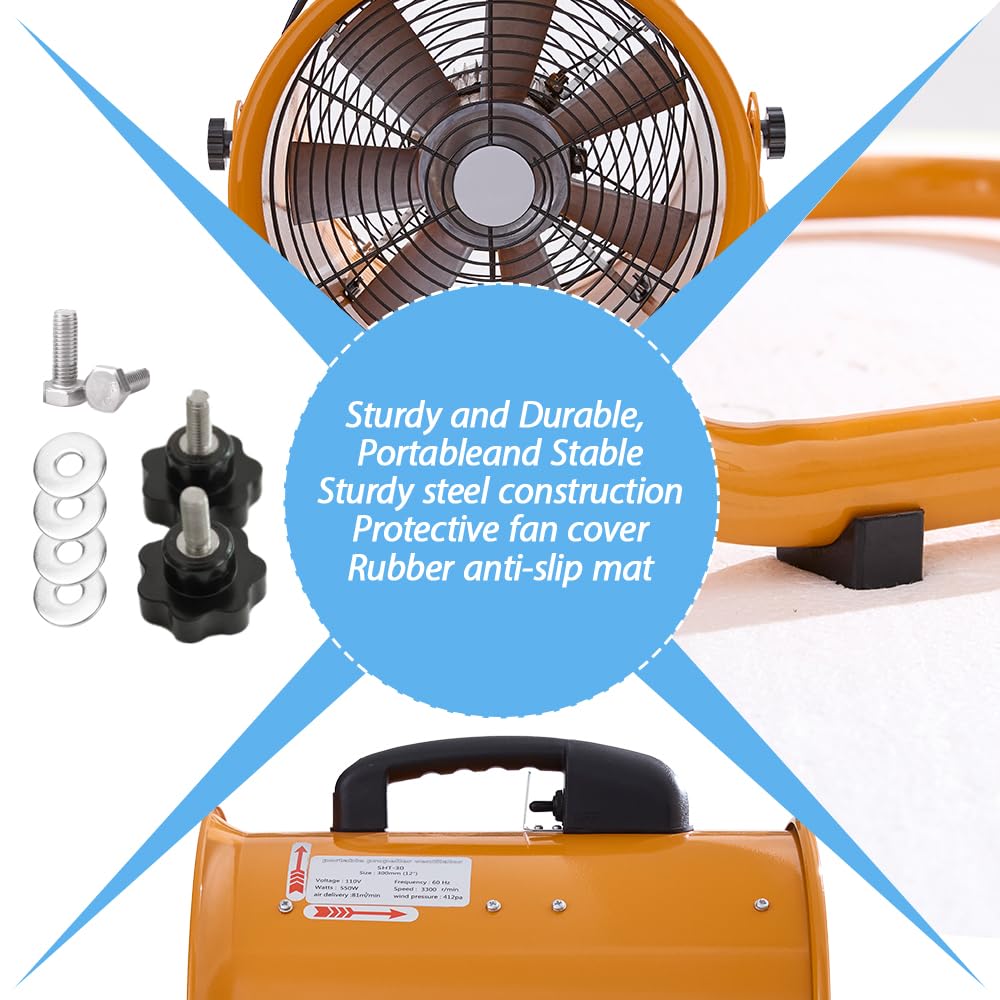 Aglaipty 12 Inch Industrial Portable Air Blower Ventilator, 3300 RPM Heavy Duty Tube Exhaust Fan, 550W High Velocity Air Mover for Extraction and Ventilation (12 Inch Fan)