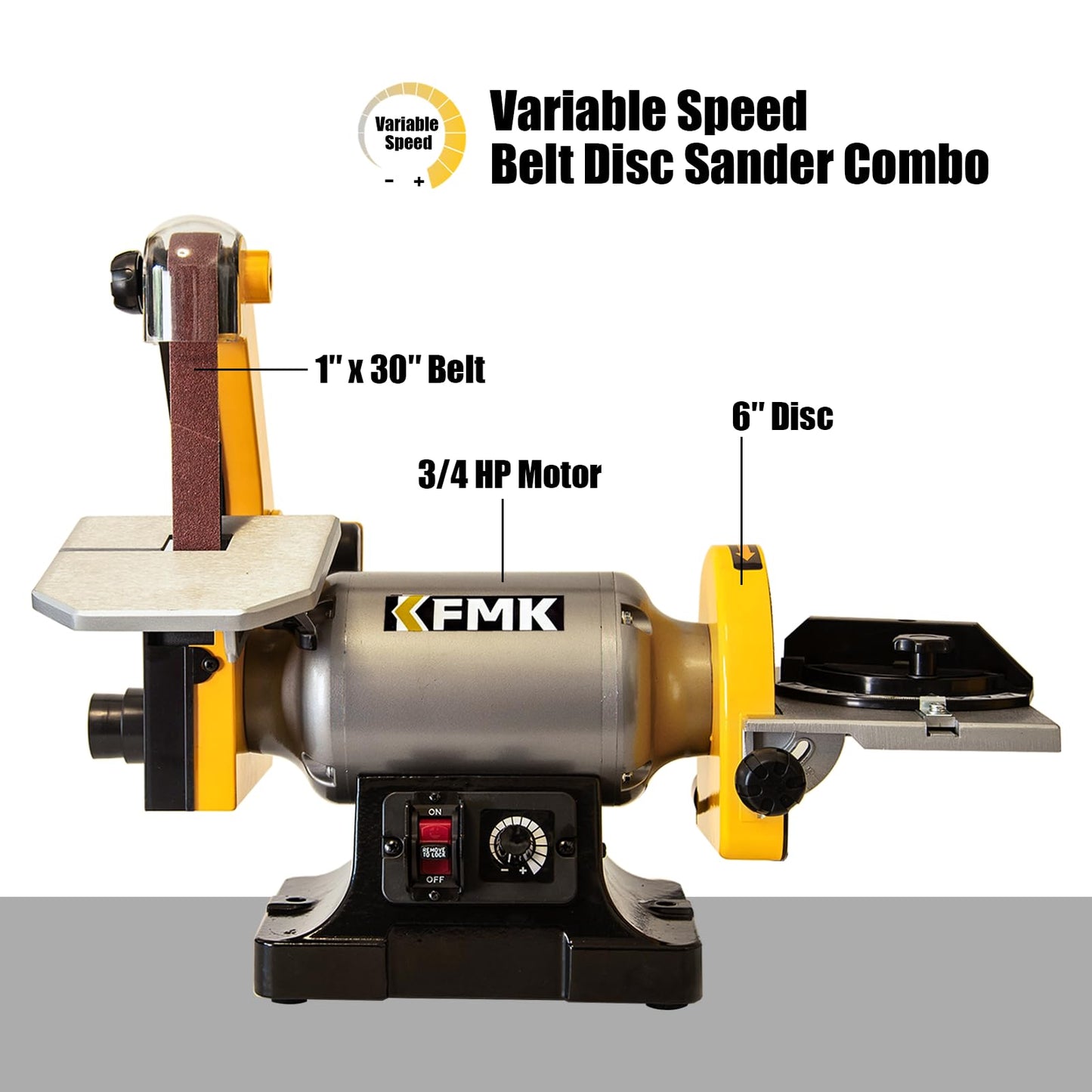 KFMK Variable Speed 1" x 30" Belt & 6" Disc Sander Combo, 3/4 HP Direct-Drive Motor, 2000–3400 RPM Disc / 1909–3248 SFPM Belt, Adjustable Work Tables & Miter Gauge, Benchtop Sander for Wood & Metal