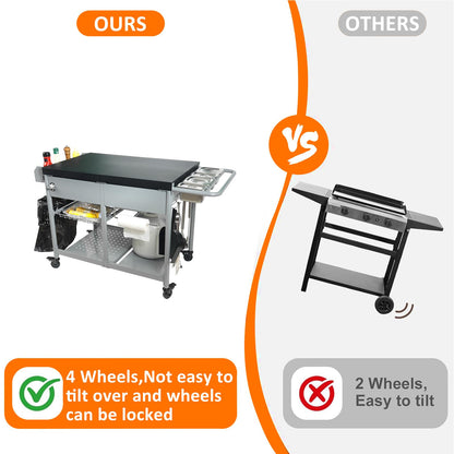 Pizza Oven Table Heavy Duty Outdoor Grill Cart for Blackstone 17/22 Inch Griddle Metal Prep Station fits Ninja Woodfire Ooni BBQ Worktable with Trash Holder Propane Storage Mesh Shelves Black