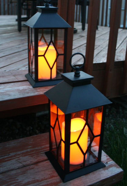 Decorative Black Lanterns Set of 2 with LED Flameless Candles, Remote & 4 Hour Timer, Indoor Outdoor Lantern Decor, Hanging or Tabletop Lighting, 13 Inch Tall