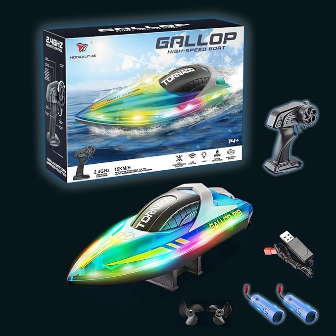 RC Boat with LED Light for Kids 15KM/H 2.4G Remote Control Boat with LED Lights RC Electric Boats for Pools and Lakes with Rechargable Batteries Toy for Adults and Kids