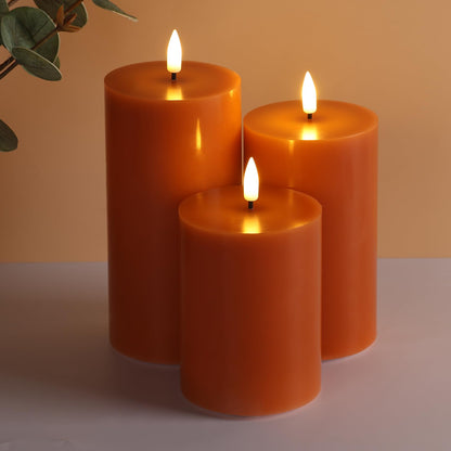 Girimax Burnt Orange Flameless Pillar Candles with Remote, Flickering LED Wax Candles Battery Operated Set of 3