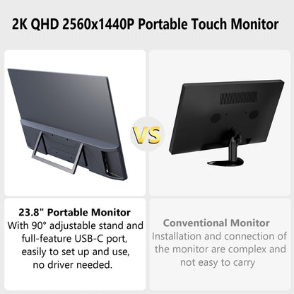 Prechen 23.8 Inch 2K 100Hz Large Portable Touchscreen Monitor 100% sRGB IPS Portable Touch Display QHD w/90° Adjustable Stand USB-C HDMI Laptop Monitor Desktop 2560X1440