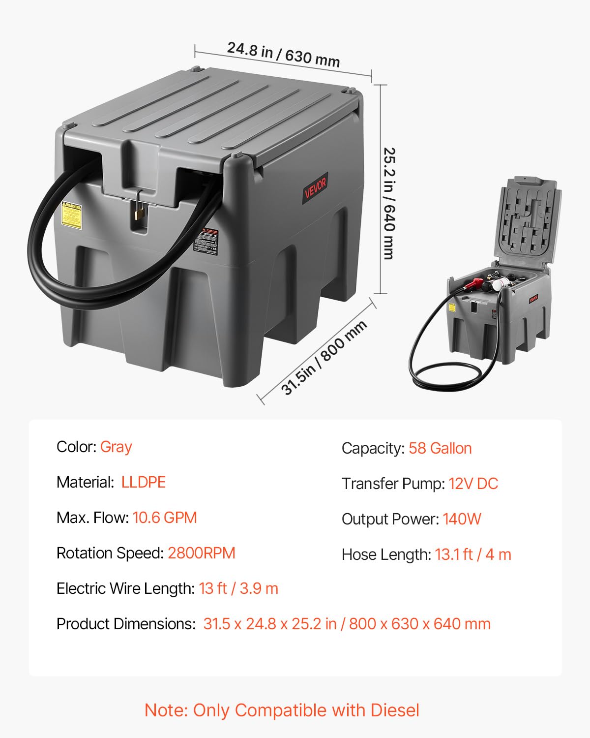 VEVOR New Portable Diesel Tank, 58 Gallon Capacity & 10 GPM Flow Rate, Diesel Fuel Tank with 12V Electric Transfer Pump and 13.1ft Rubber Hose, PE Diesel Transfer Tank for Easy Fuel Transportation