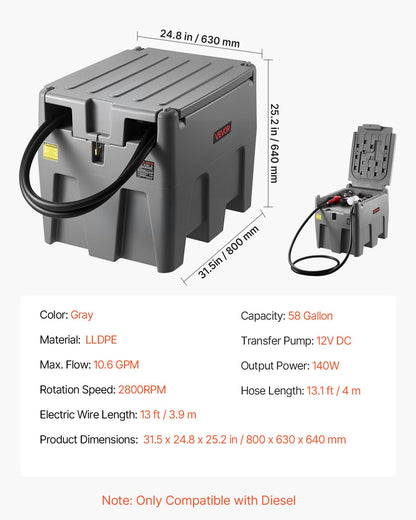 VEVOR New Portable Diesel Tank, 58 Gallon Capacity & 10 GPM Flow Rate, Diesel Fuel Tank with 12V Electric Transfer Pump and 13.1ft Rubber Hose, PE Diesel Transfer Tank for Easy Fuel Transportation
