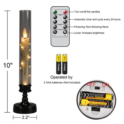 GenSwin Halloween Flameless Taper Candles with Remote and String Lights, Black Halloween Flameless Candles Battery Operated, 2 Pcs LED Flickering Candlesticks for Home Window Table Decor(D2.2”xH10”)