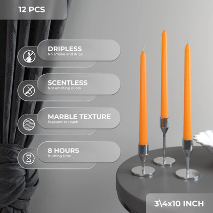CANDWAX 10 inch Orange Taper Candles Set of 12 — Dripless Unscented Orange Candlesticks for Halloween Decorations, Dinner Table Centerpiece or Thanksgiving Décor