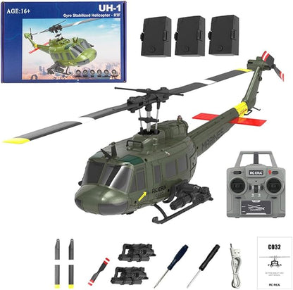 C032 UH-1 Huey RC Helicopter for Adults 1/48 Scale 2.4G 6CH Flybarless Remote Control Military Helicopter 3D Stunt Flight &amp High-Precision RC Airplane for Beginners (Green (3 Batteries))